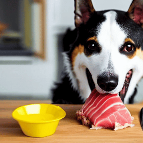 A dog eating tuna from the table