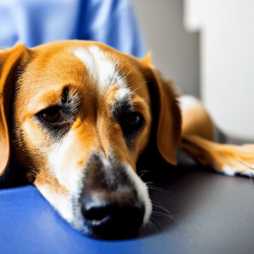 A laying sick dog in a vet clinic