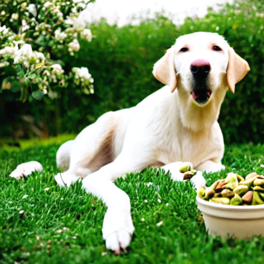 White Labrador Retriever (Dog breed) having pistachios in a food container in a garden
 
